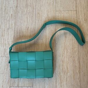 Bottega Veneta Cassette Woven Leather Crossbody Bag in Mermaid-Gold.